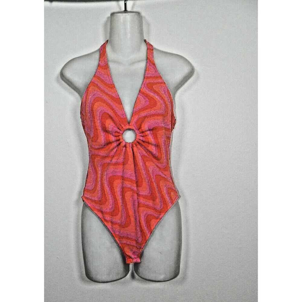 Zara Bodysuit Women's Size Small Pink Orange Terry Cloth Geo Print Halter